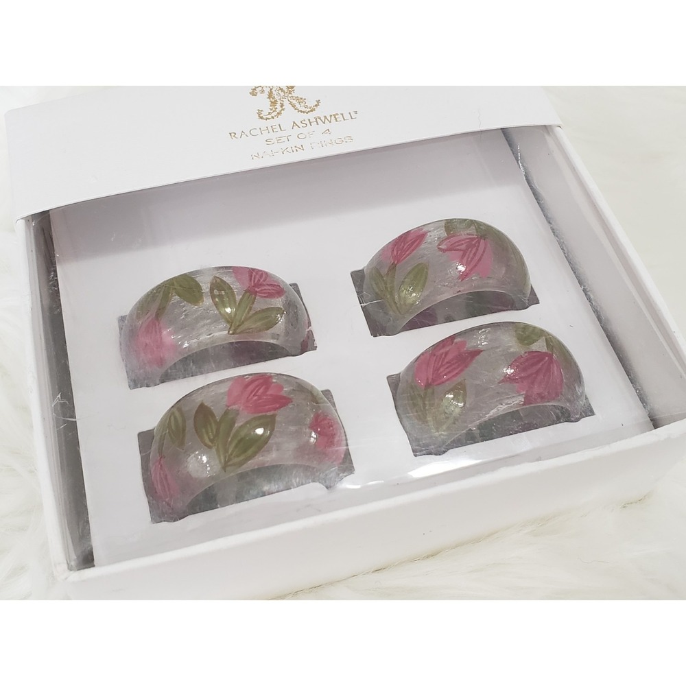 NEW 4 Rachel Ashwell Napkin RINGS CLEAR PINK‎ FLOWERS spring easter maximalist
